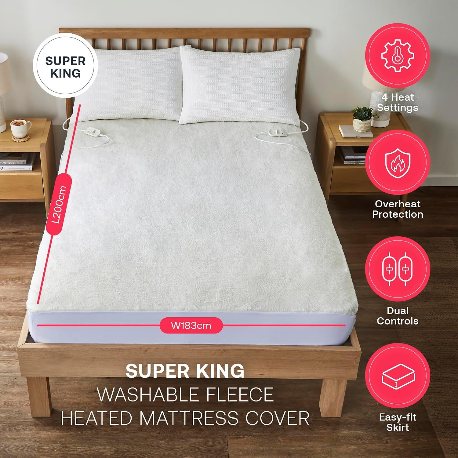 Dimplex Super King washable fleece heated mattress cover with 4 heat settings, overheat protection, dual controls and easy-fit skirt